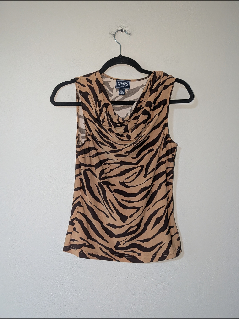 S Chaps Women's Tan and Black Zebra Print Sleeveless Cowl Neck Top